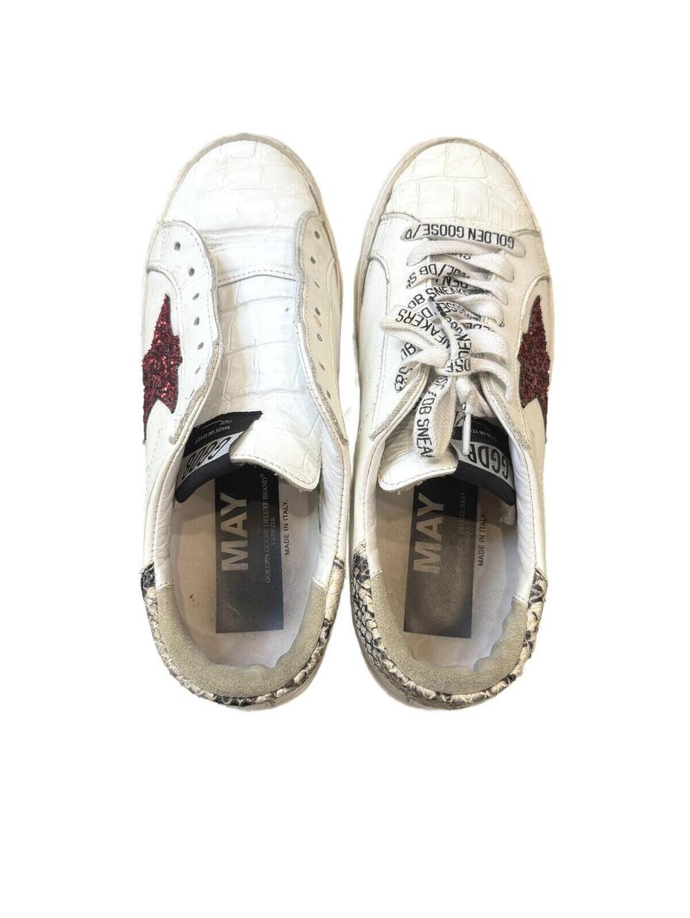 Golden Goose May White Croc-Embossed Sneakers Red Glitter Star Snake Print Sz 7 - Picture 9 of 13